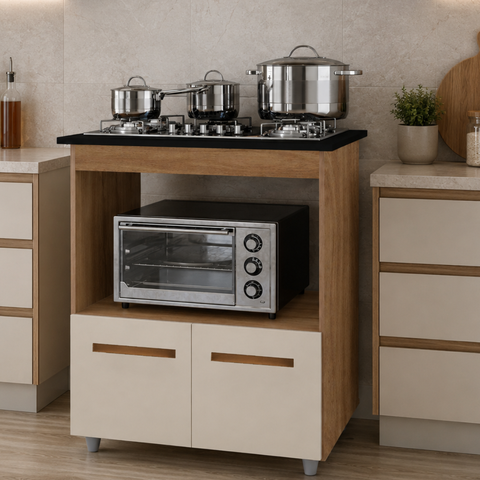 Balcão de Cozinha Armário para Fogão Cooktop 5 Bocas com Nicho para Forno Elisa - Savana/Off-White