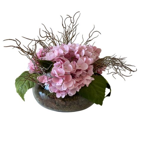 Arranjo Grande Centro de Mesa Hortênsias Rosa Artificial Vaso Incolor