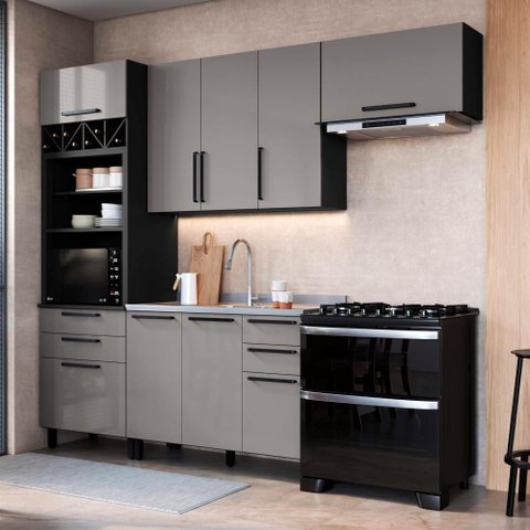Armário de Cozinha Modulada Completa Mônaco 7 Portas 6 Gavetas MDP 270cm Chumbo-Titânio Fidelita