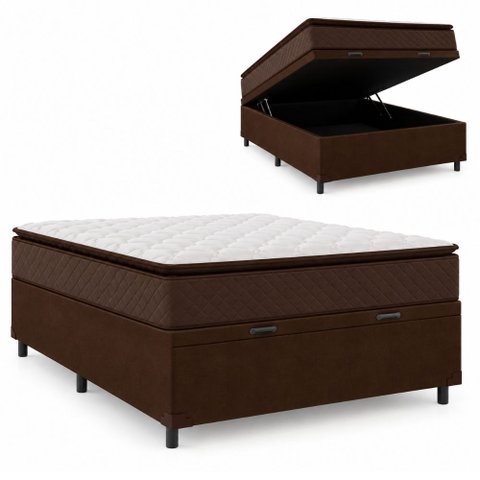 Cama Box Baú Casal Colchão Espuma D45 Pillow Top Strong 138x188x65cm Marrom Hellen