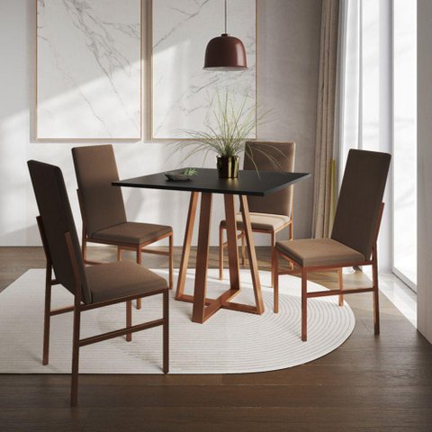 Conjunto de Jantar Mesa Mônaco Premium 90cm Preta com 4 Cadeiras Estofadas Marrom Base Cobre Preto