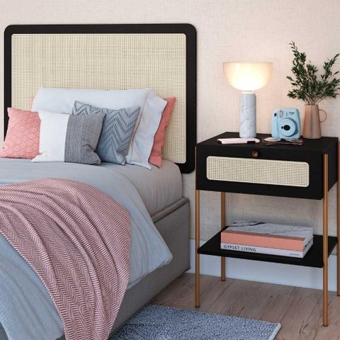 Conjunto Cabeceira Solteiro 90cm e Mesa de Cabeceira com Gaveta MDP Pés Metal Nero com Dourado