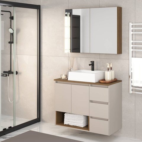 Gabinete de Banheiro 80cm Vitória com Espelheira e Cuba