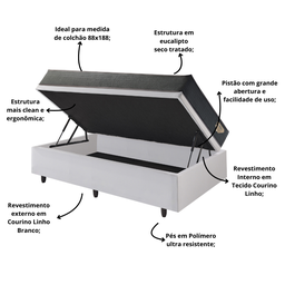 Cama Box com Baú Solteiro 88x188 com Colchão Adapto Molas Ensacadas Ecoflex Courino Linho - 6
