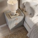 Ver imagem 3 de Mesa de Cabeceira Moriah 45cm Cinza Luxo MDF Ripado Industrial Pés Ferro Cobre