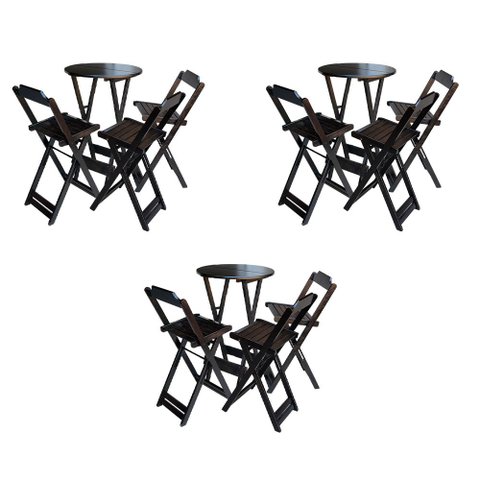 Kit 3 Conjuntos de Mesa Bistrô Dobraveis em Madeira Padrão com 3 Banquetas Altas - Tabaco