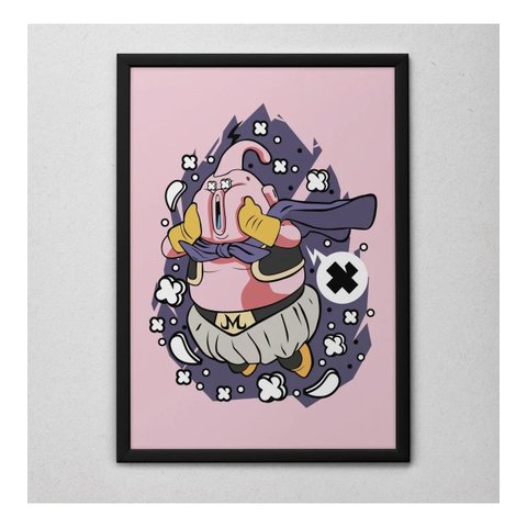 Quadro Decorativo Majin Boo Anime Geek com Moldura e Vidro Preto