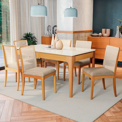 Mesa de Jantar 6 Lugares Avenna com Vidro Madeira Maciça Off White/fendi - Kappesberg