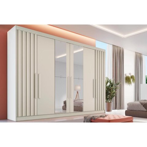 Guarda Roupa Casal 6 Portas (2 Ripadas e 2 C/ Espelho) e 6 Gavetas Potente Off White - Europa