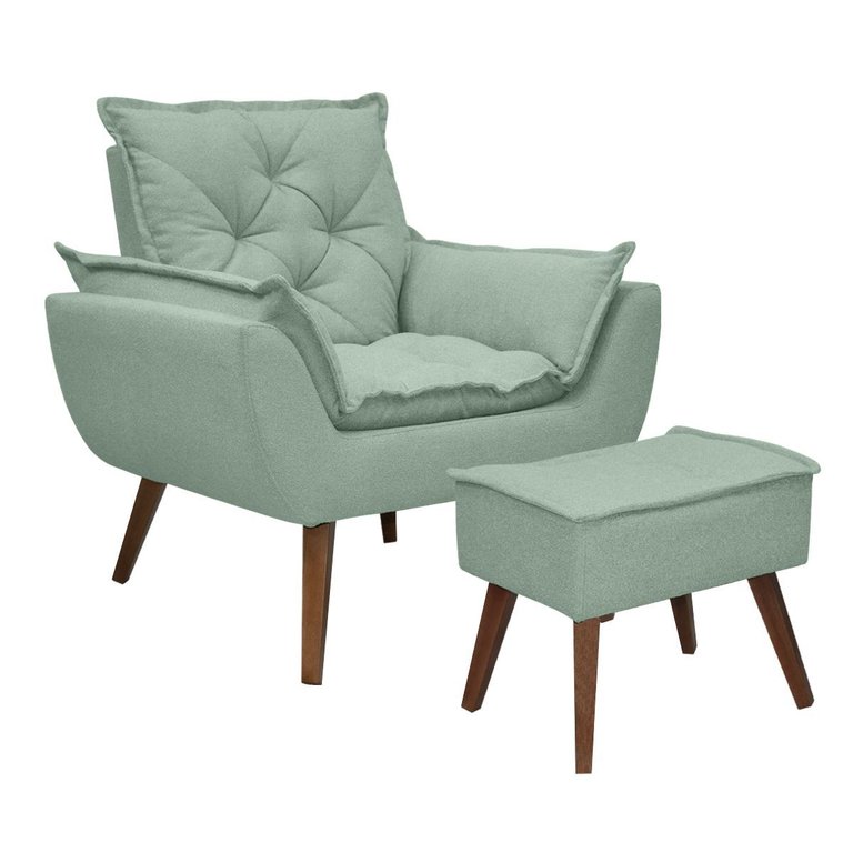 Kit Poltrona e Puff Opala Conforto Pé Trapézio Tecido Boucle - Verde