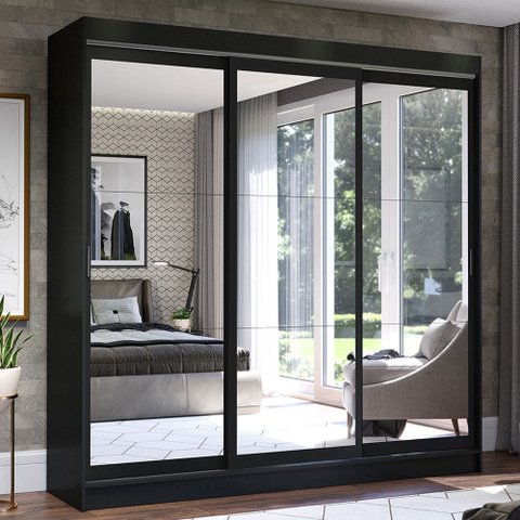 Guarda-Roupa Casal Madesa Istambul 3 Portas de Correr de Espelho 3 Gavetas Preto Cor:Preto