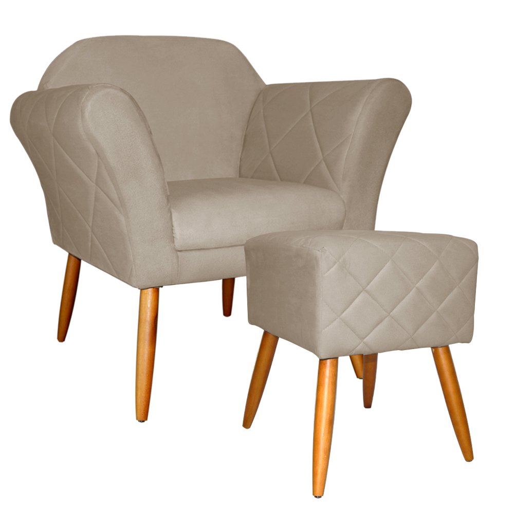 Kit Poltrona Decorativa Marcela Mais Puff Isabela Pés Palito Suede Capuccino - DS Estofados - 1