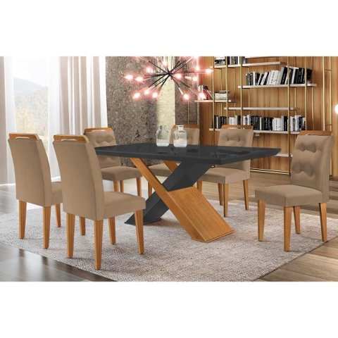 Conjunto: Mesa de Cozinha Imperatriz Tampo Madeirado C/ Vidro Curvo 180x90 e 6 Cadeiras Imperatriz