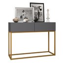 Ver imagem 1 de Aparador Buffet Pequeno Cinza Eros 90cm Pes de Ferro Dourado 2 Gavetas Decoração Escritorio Recepção
