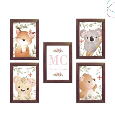 Kit 5 Quadros Decorativos Safari Baby Aquarela Menina:tabaco