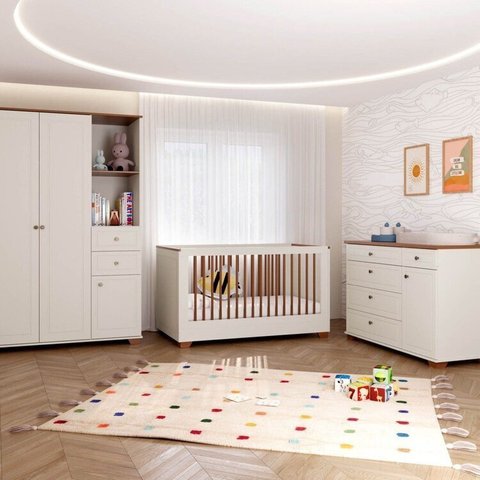 Quarto Completo Berço Evolutivo Cômoda e Guarda Roupa Ananda Casatema MadeiraOriginals Bege/Off White/Mel