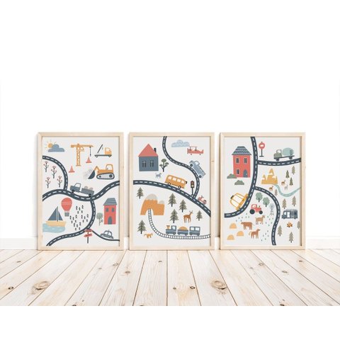 Kit 3 Quadros Estrada Carros Trem Ônibus Caminhão Quarto Infantil Bebê