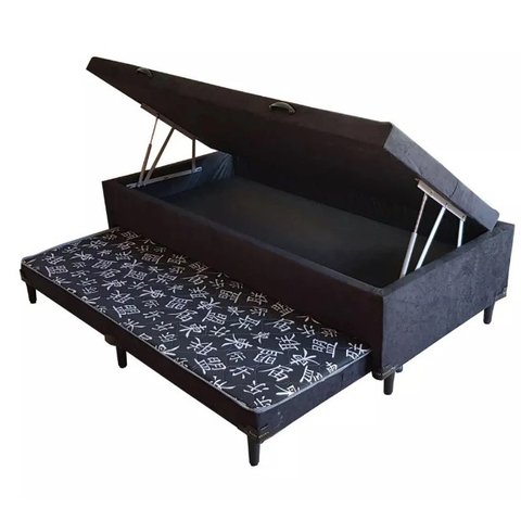 Cama Baú Solteiro C/ cama Auxiliar Ortopédica 88 x 188- Suede Preto - Tampo Japonês Preto