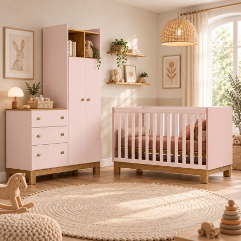 Kit Quarto de Bebê Flora Guarda Roupa Cômoda Berço Mini Cama Colchão 130x70 D18 Qmovi