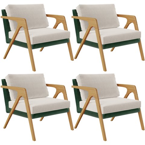 Kit 04 Poltronas Decorativas Sala Estar Pietra L02 Facto Verde Musgo Linho Cru - Lyam Decor