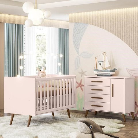 Jogo de Quarto Infantil Q Encanto Retrô com Cômoda e Berço Rosa - Qmovi