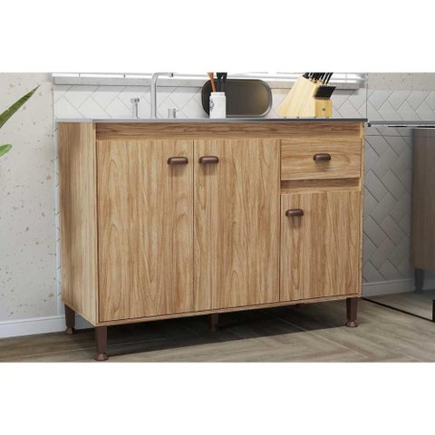 Balcão de Cozinha Modulado Torino C/ 3 Portas e 1 Gaveta S/ Tampo 120cm Mel - Movelbento