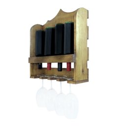 Adega de Vinho em Madeira Pinus para 4 Garrafas e 4 Taças - 4