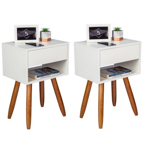 Kit 2 Mesas de Cabeceira Retro Off White 40cm Pé Palito Castanho Envio Montada
