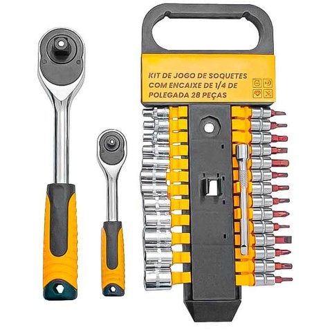 Kit 2 Chaves Catraca Reversivel Emborrachada de 1/2" e 1/4" Reforçada Aço + Bits Soquetes e Extensor