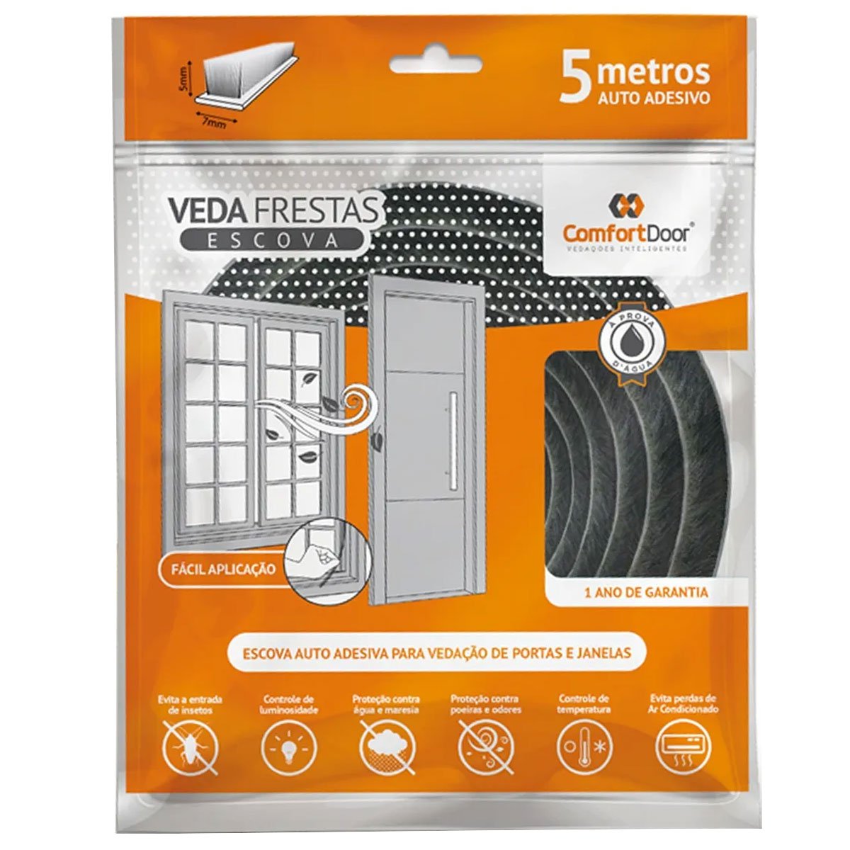 Veda Frestas Escova 10 x 7mm Comfort Door 5 Metros Cinza