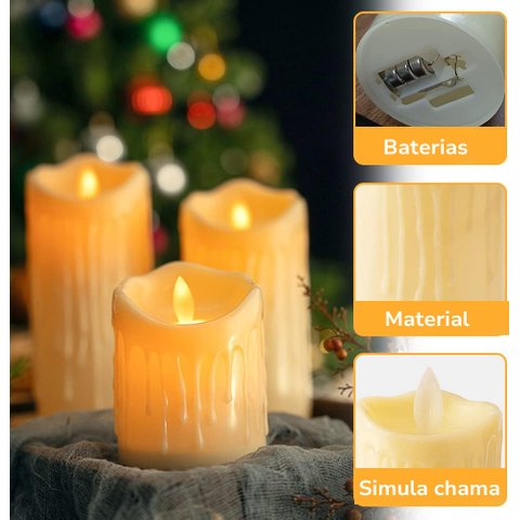 Kit 3 Velas Decorativa Led 15, 12 e 10cm com Parafina Luz Quente Amarela