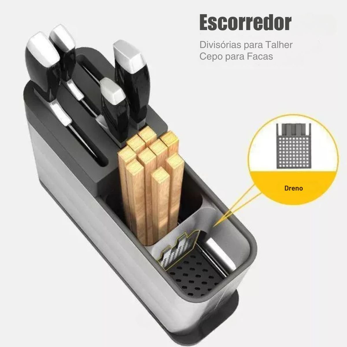 Escorredor Porta Talher Inox com Suporte de Facas Cepo - 6