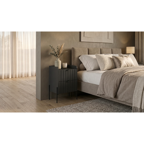 Mesa de Cabeceira Moriah 45cm Grafite Luxo MDF Ripado Industrial Pés Ferro Preto