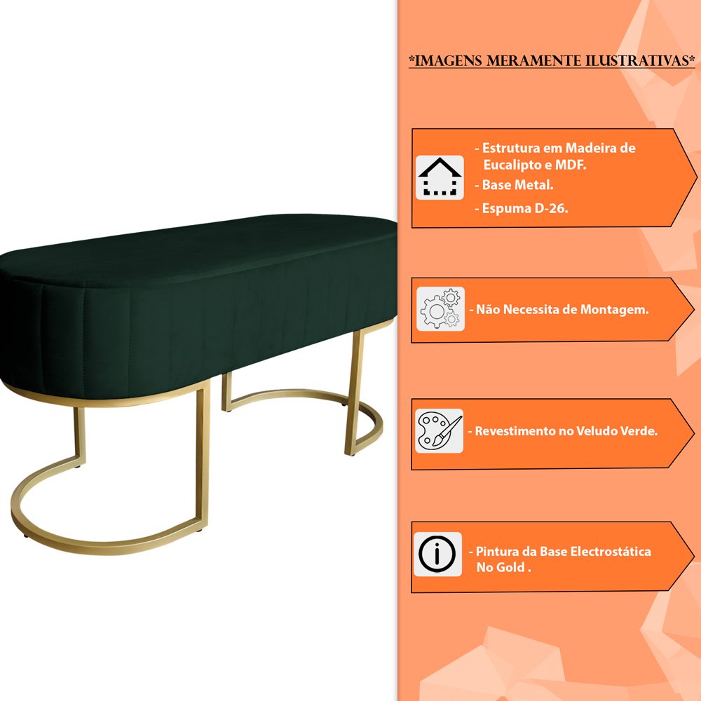 Banco Recamier Estofado Luana Base Gold Veludo Verde - Montanaris Decor - 6