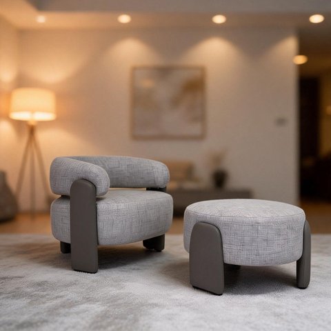 Poltrona com Puff Luna Moderna Orgânica em Linho Cinza Sintético Cinza Confortável Anatômica Linha P