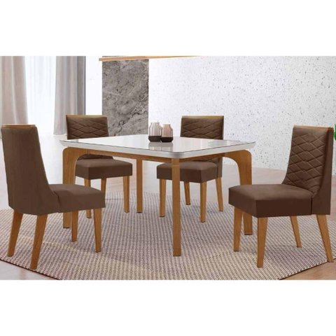 Sala Jantar Mesa Londrina Tampo C/ Vidro Curvo 120cm 4 Cadeiras Maldivas Madeira Naturale/off White