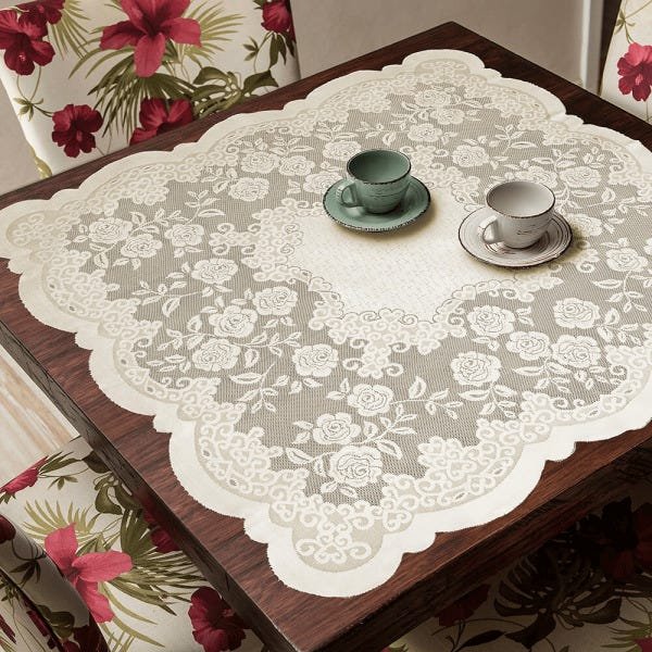 Toalha de centro de mesa florida quadrada 1,10m x 1,10m Bege