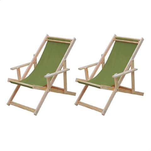 Kit 2 Espreguiçadeiras Preguiçosa Dobrável Madeira Maciça Natural com Tecido Verde