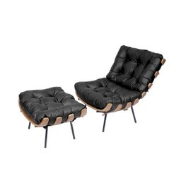 Poltrona com Puff Costela - Couro Preto - 1
