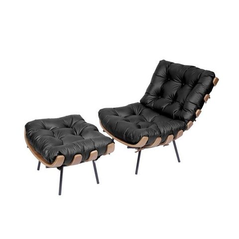 Poltrona com Puff Costela - Couro Preto