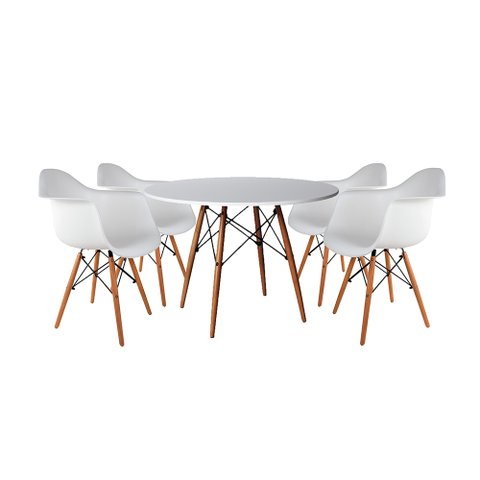 Mesa de Jantar Redonda Eiffel Eames em Madeira 110cm Branca com 4 Poltronas Brancas