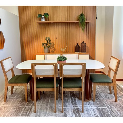 Conjunto Mesa com 6 Cadeiras de Jantar Encosto Tela 100% Mdf Off White Verde Dalla Costa