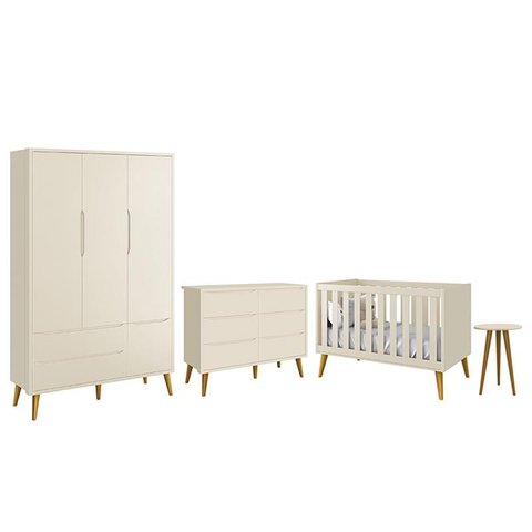 Dormitório Completo Infantil Theo 3 Portas, Cômoda 6 Gavetas, Berço e Mesa de Canto Areia Fosco