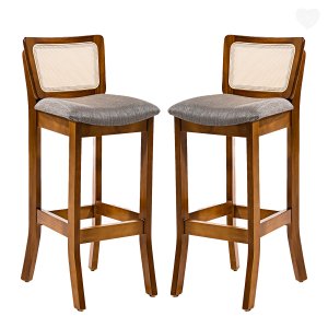 Kit 2 Banquetas Alta com Encosto Rattan Portugal Estofada Linho Cinza L55 Rmi