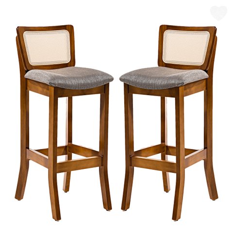 Kit 2 Banquetas Alta com Encosto Rattan Portugal Estofada Linho Cinza L55 Rmi