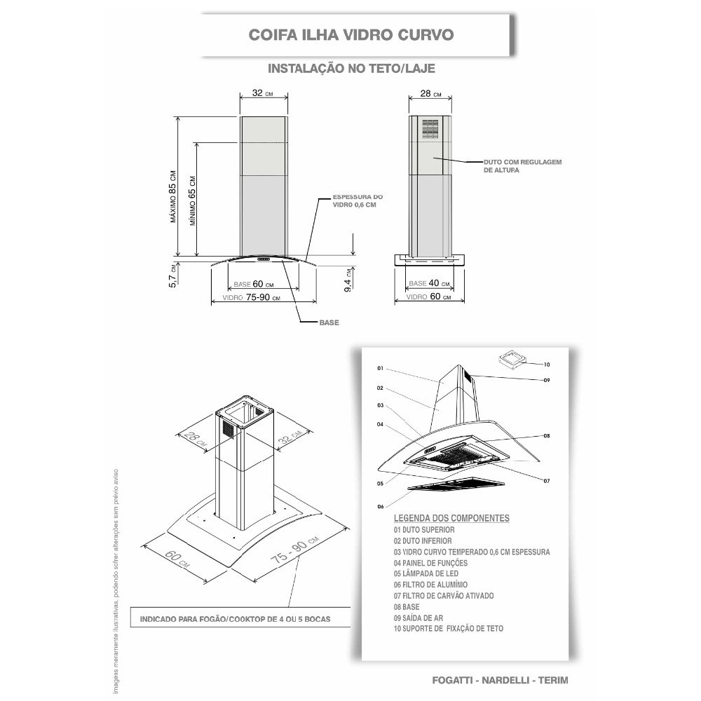 Coifa Terim Ilha Vidro Curvo Inox 75cm - 3