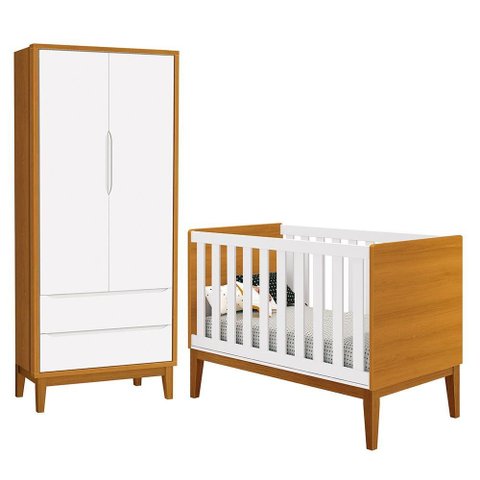Jogo de Quarto Infantil Guarda Roupa 2 Portas e Berço Classic Branco/Savana com Pés Amadeirado -