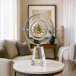 Relógio de Mesa Vitino Crystal Orbit Base de Cristal Aro Cromado Skeleton Luxo - 2