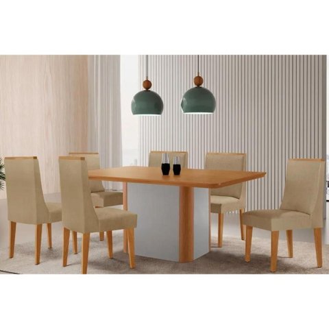 Conjunto: Mesa de Cozinha Pietá Tampo Curvo 180cm+6 Cadeiras Dakota Madeira Naturale/Off White -