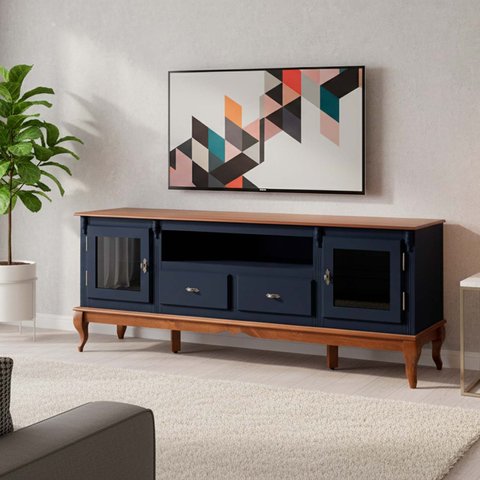 Rack para TV até 75 Polegadas 195cm 2 Portas Vidro 2 Gavetas Prateleira Interna Pés Luis Xv